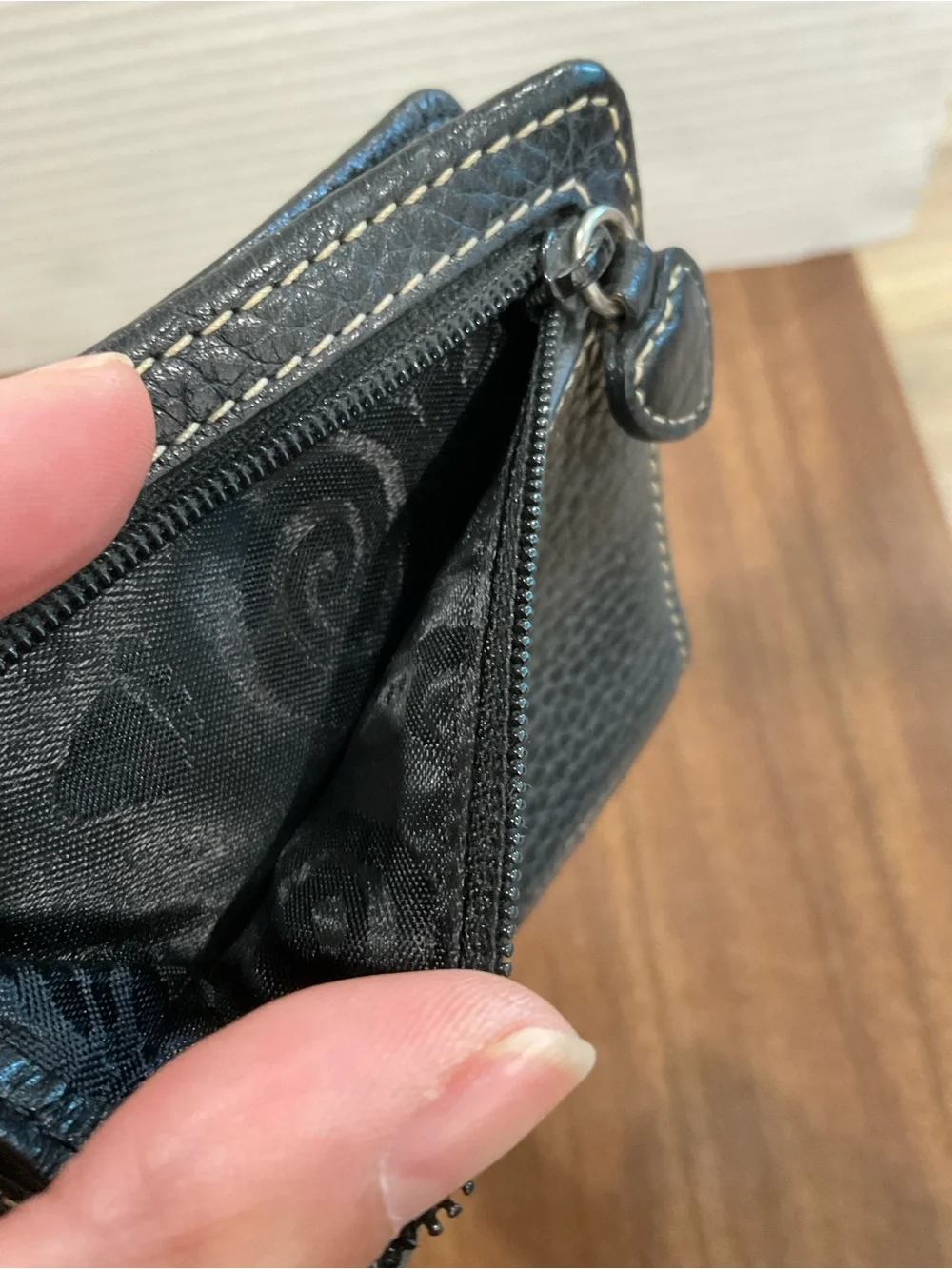 Brighton Black Leather pebble Wallet with Silver Decorative Chain Accent